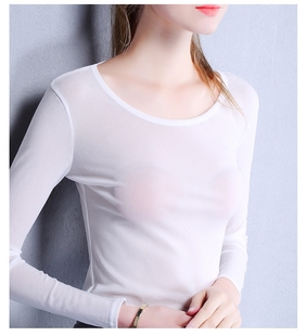 黑色全透明网纱打底衫女长袖薄款超弹力 性感透视上衣 前后u领t恤