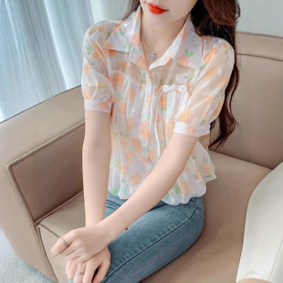 雪纺衬衫 领设计感小众打底衫 女夏季 慵懒风上衣西装 2025年薄款 短袖
