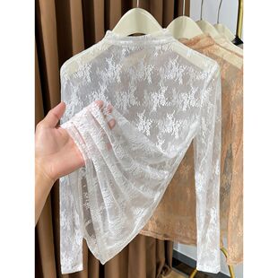 白色半高领蕾丝打底衫女2025新款秋冬内搭薄纱透视网纱上衣高级感