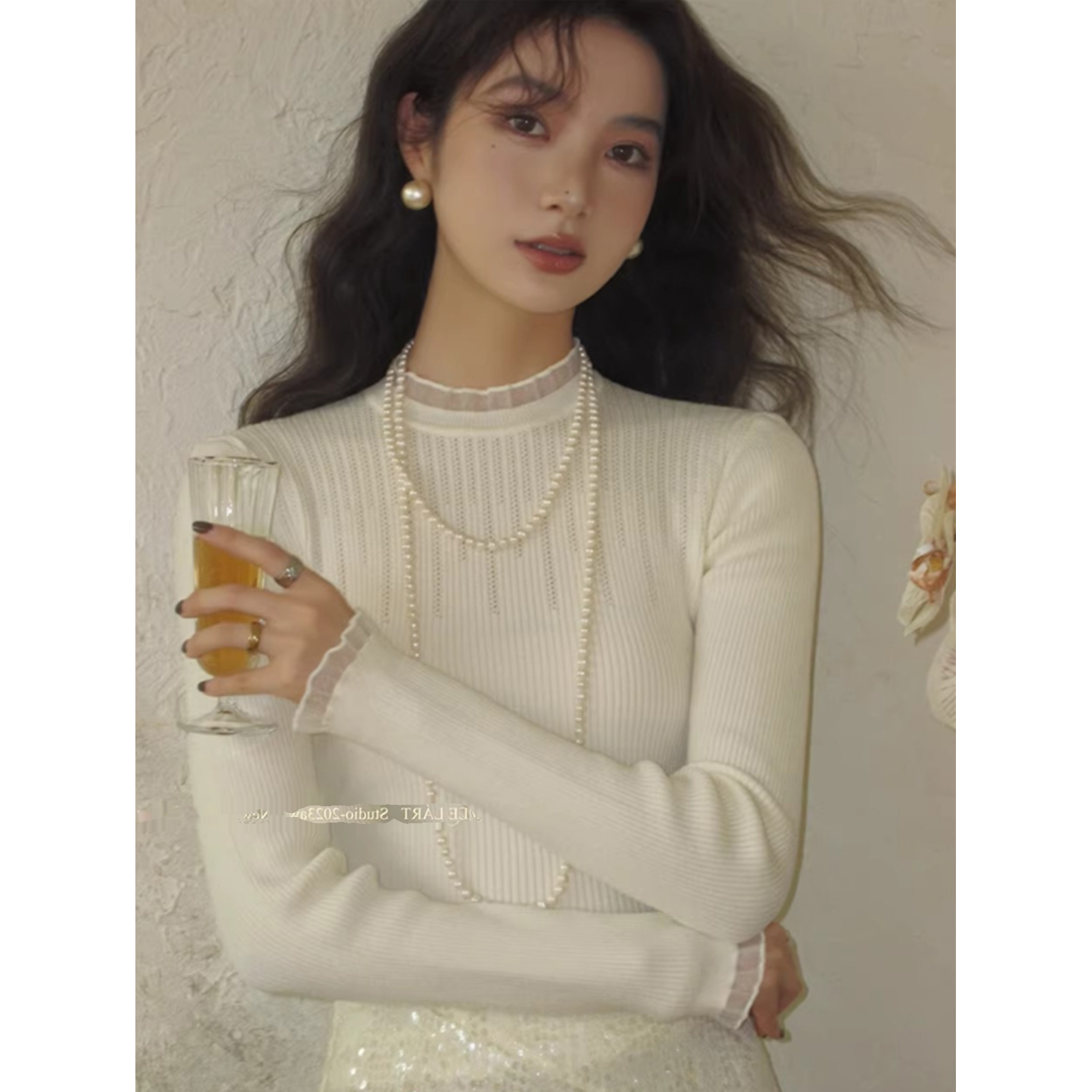 白色木耳领毛衣打底衫女秋冬新款高级感内搭修身长袖针织气质上衣