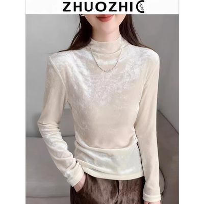 法式白色半高领T恤女装2025秋冬季新款渐变优雅修身内搭上衣