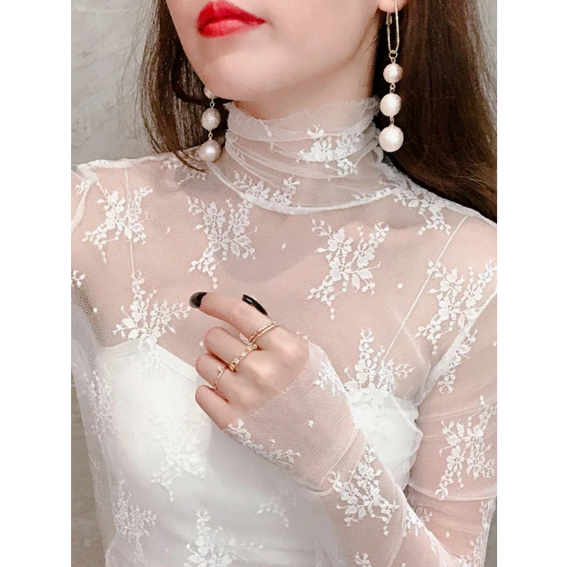 堆堆高领蕾丝打底衫女士春秋款加绒加厚纱衣秋冬内搭洋气网纱上衣