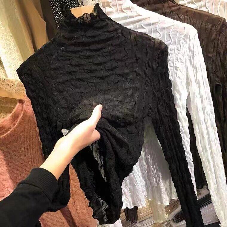 秋季薄款网纱打底衫女新款高领长袖内搭修身洋气半透套头蕾丝上衣