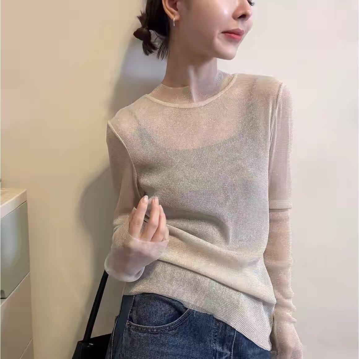 秋冬款高弹力亮闪闪亮丝网纱打底衫轻薄仙气上衣女