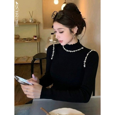 时尚加厚钉珠针织衫女秋冬新款气质半高领打底衫优雅百搭修身上衣