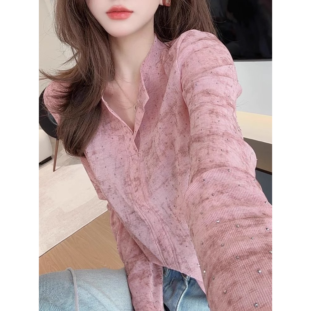 纯欲风辣妹烫钻粉色长袖t恤女春秋薄款小众修身显瘦防晒外套上衣,女装/女士精品,T恤,淘宝优惠券,粉丝福利购,淘宝优惠卷