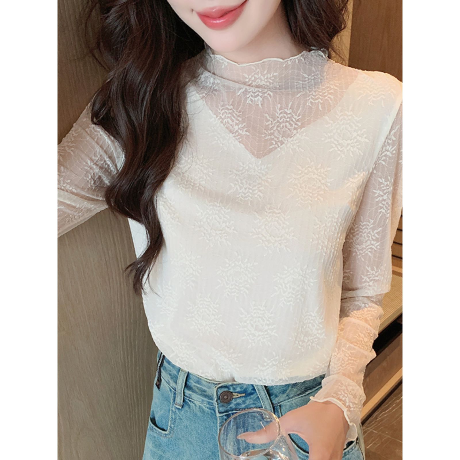 半高领蕾丝打底衫女2025新款春秋高级感时尚洋气皮草内搭网纱上衣