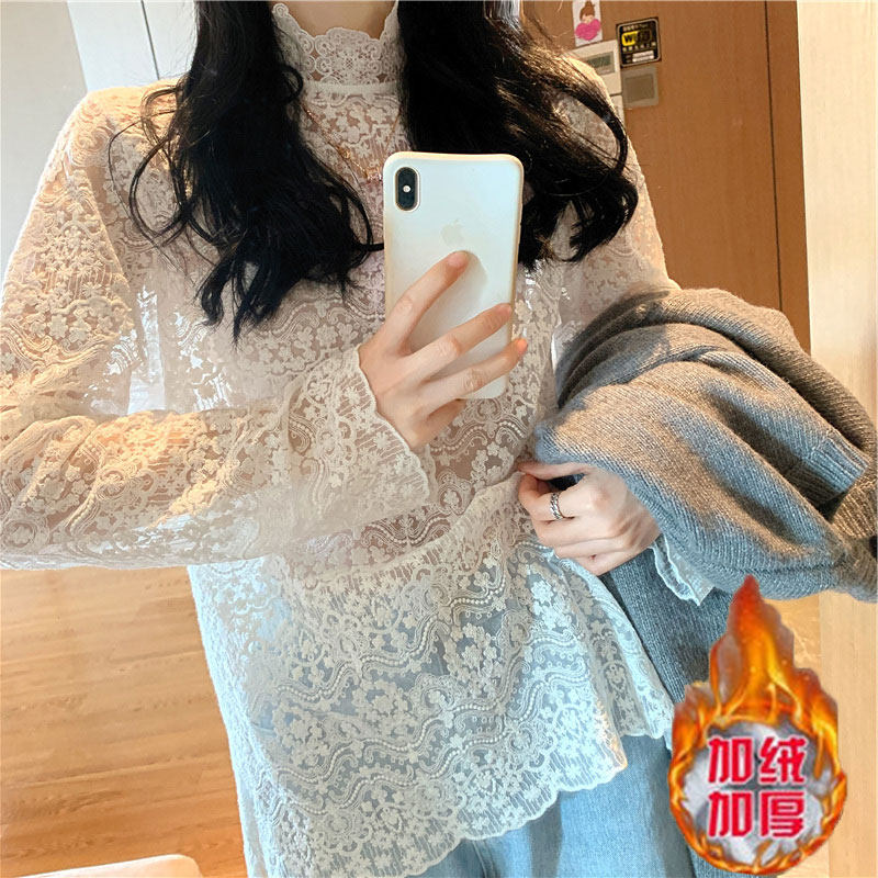 加绒加厚蕾丝打底衫女秋冬半高领纱衣配毛衣内搭网纱上衣小衫保暖