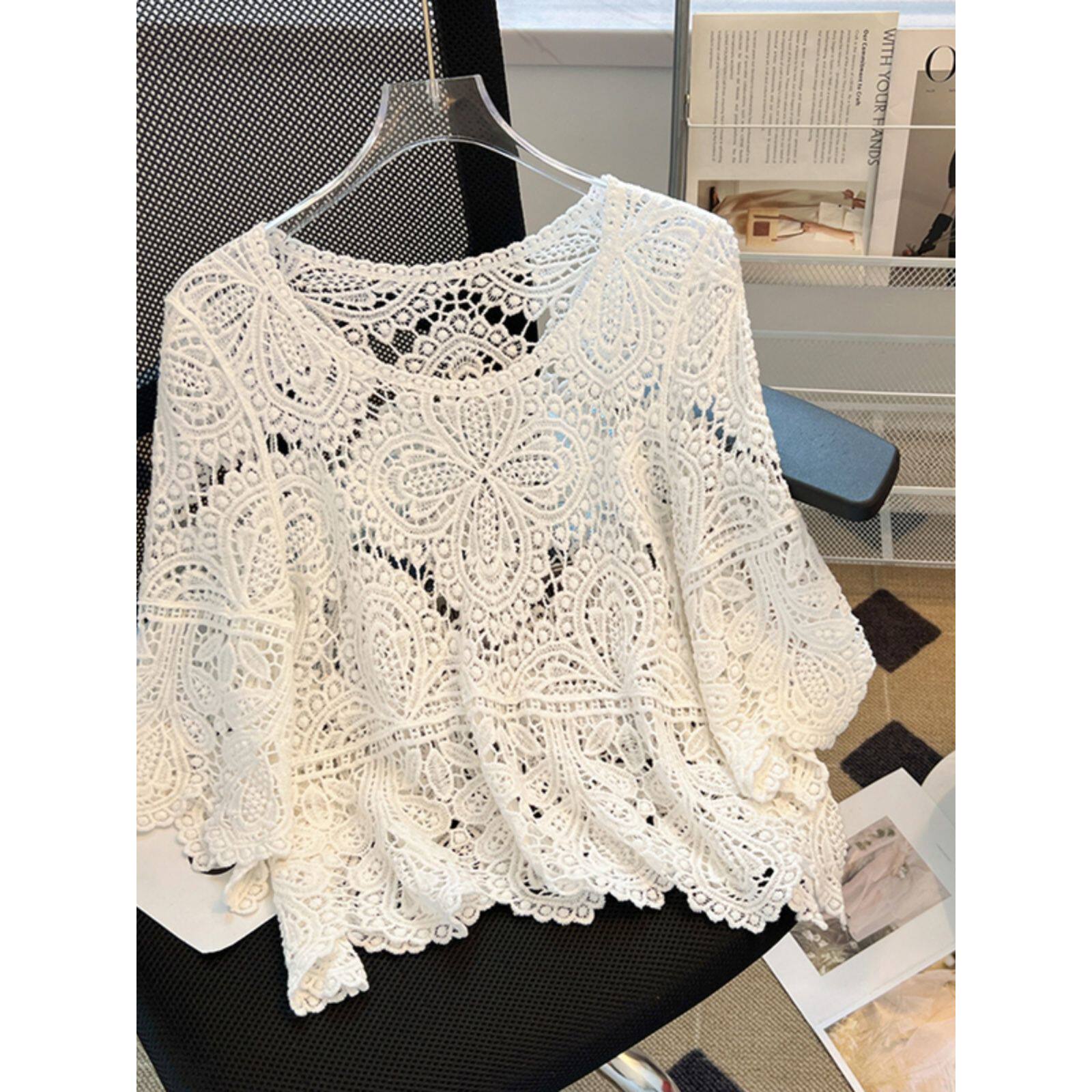 大码女装胖mm2025夏季新款爆蕾丝镂空钩花防晒披肩高级感衬衫上衣