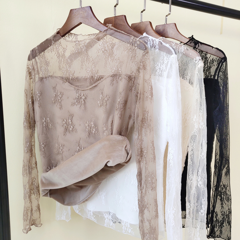2020秋装性感网纱锁骨上衣心机设计感大码木耳边蕾丝打底衫女加绒
