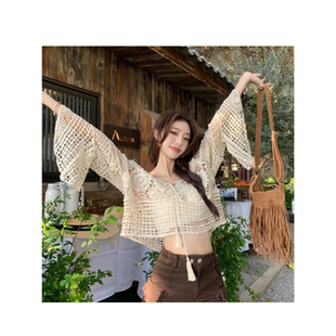 勾花镂空针织罩衫女夏外搭新款波西米亚海边度假风长袖上衣防晒衫
