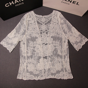 外搭比基尼罩衫 超仙白色性感蕾丝开衫 沙滩外套防晒衣女 中长款 新款