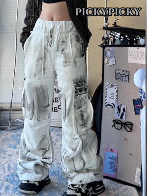 pickypicky白色牛仔大口袋黑色涂鸦不规则抽绳工装裤