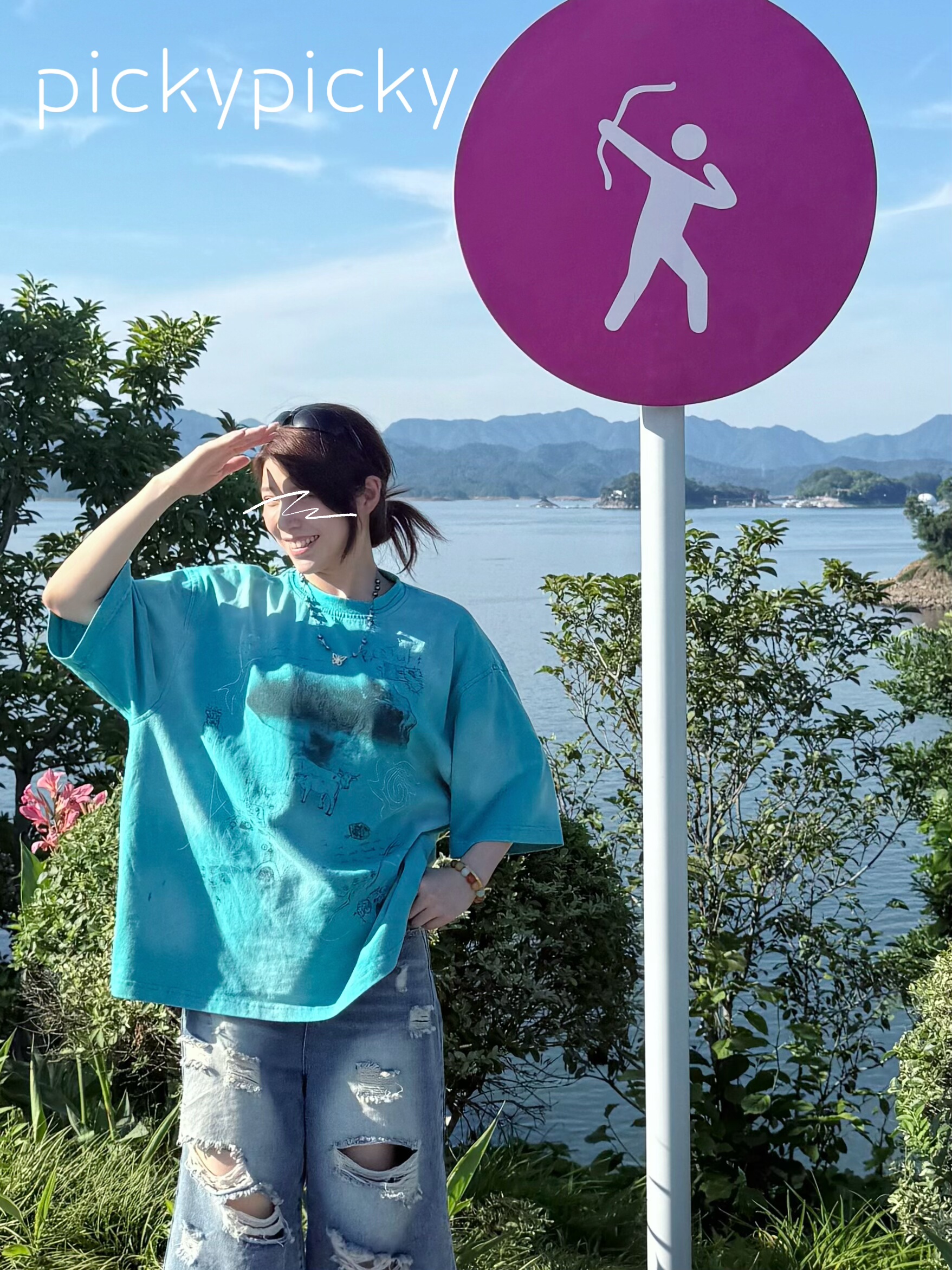 pickypicky美式复古字母印花渐变舒适大T短袖百搭潮流T恤上衣