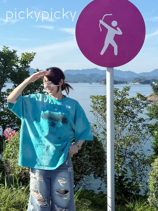 pickypicky美式复古字母印花渐变舒适大T短袖百搭潮流T恤上衣