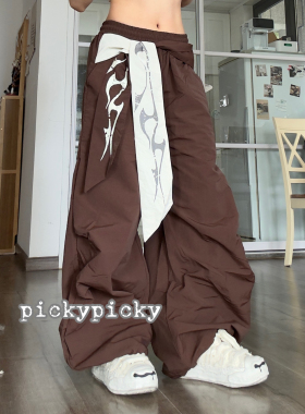 pickypicky美式复古绑带腰搭辣妹字母印花火焰速干裤工装裤伞兵裤