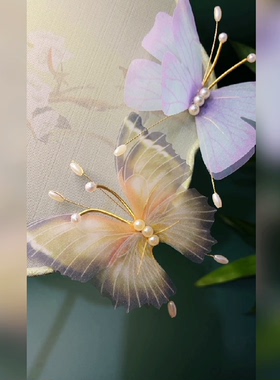 新品大蝴蝶薄纱飘逸双层枯叶蝶灰色古风汉服发饰头饰发夹演出拍照