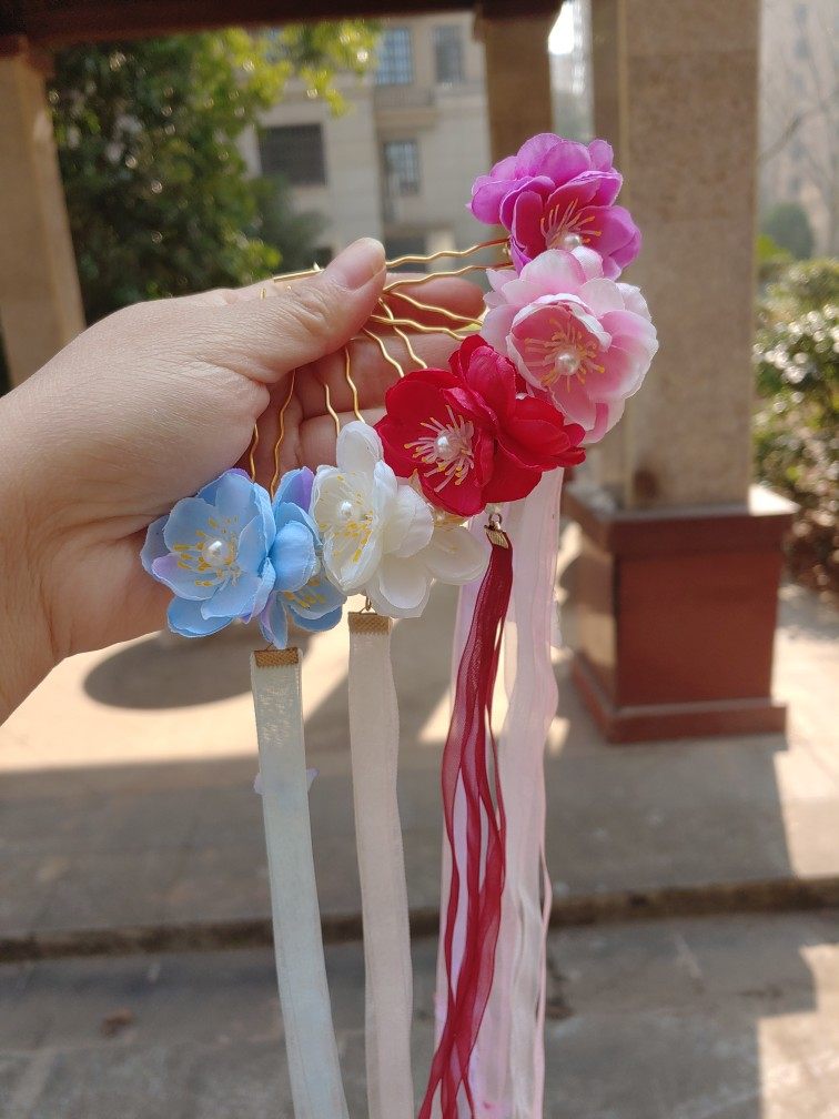 22年新款原创桃花朵飘带丝带发簪古装发饰汉服配饰儿童女u叉发卡