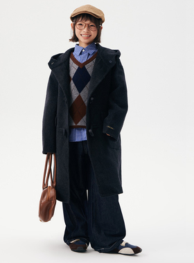 女童羊毛连帽外套秋冬呢子大衣儿童老钱风中长款外套双面毛呢风衣