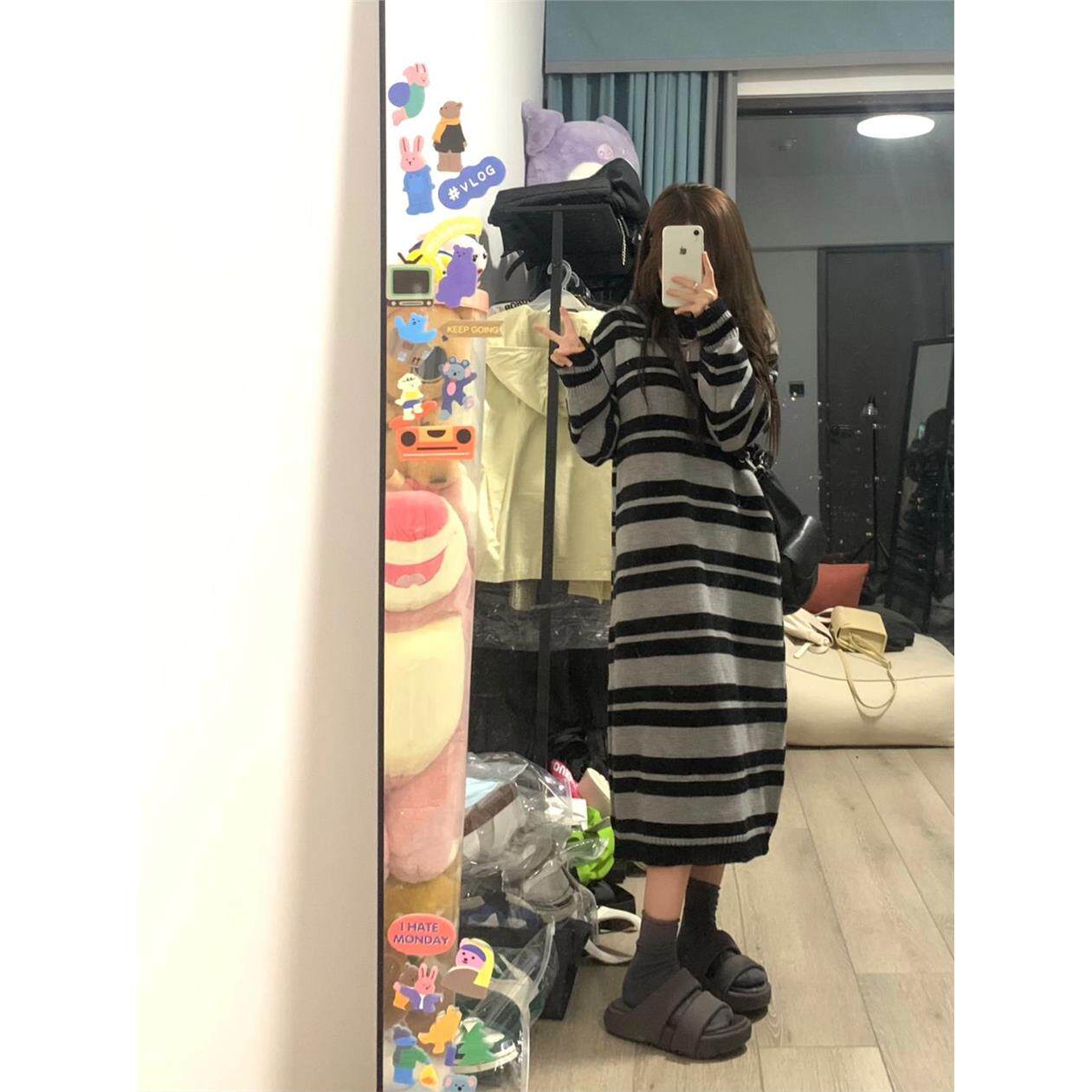 慵懒风条纹毛衣针织洋装