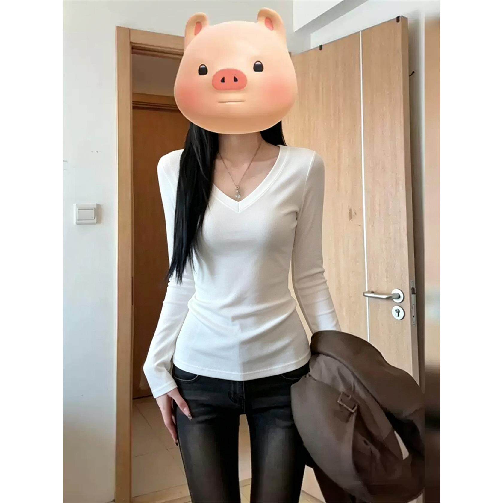 白色正肩V领长袖t恤女秋