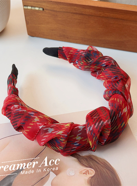 韩国进口欧根纱花苞发箍宽边褶皱高颅顶发卡红色氛围感压发头饰女