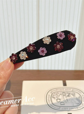 韩国进口黑色丝绒水滴bb夹子紫色水晶发夹高级感侧边刘海夹子女