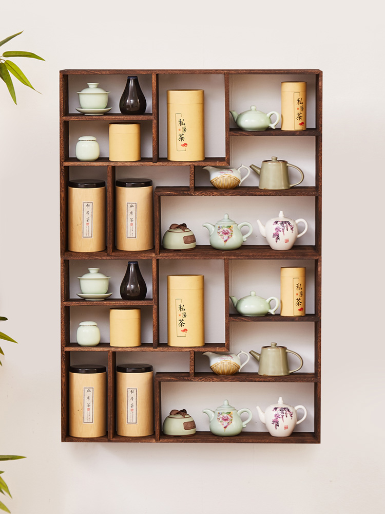 实木挂墙博古架茶杯茶具展示架中式壁挂式多宝阁茶叶收纳架古董架