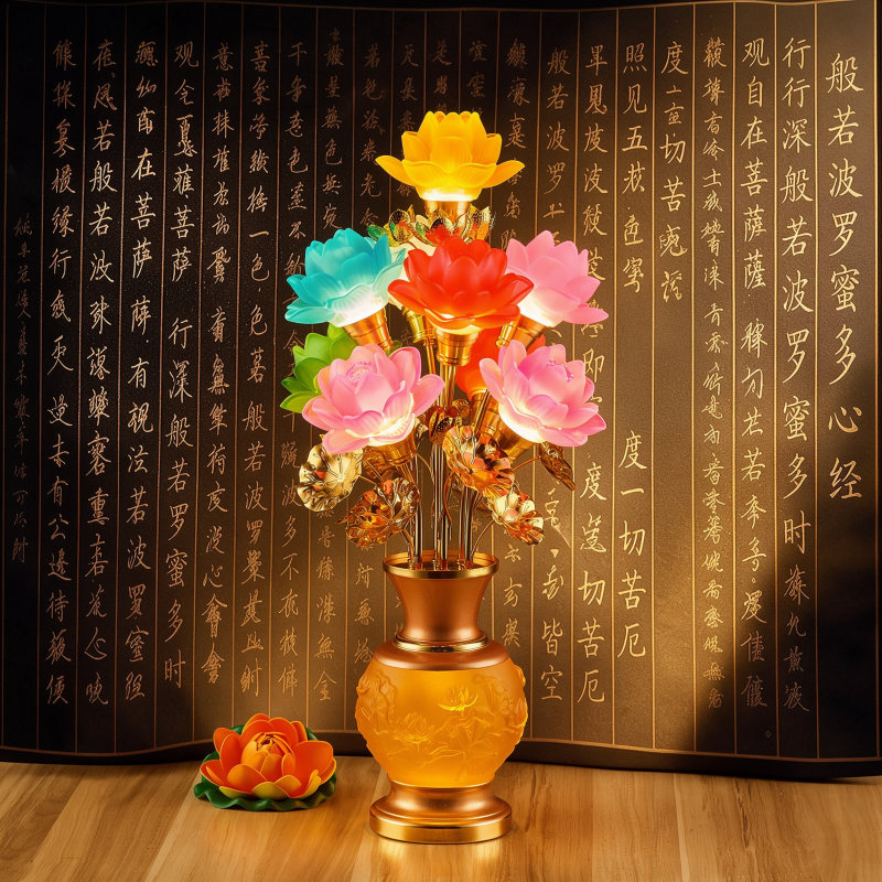 新款莲花灯供佛灯家用供奉琉璃七彩莲花灯插电led观音佛前供灯