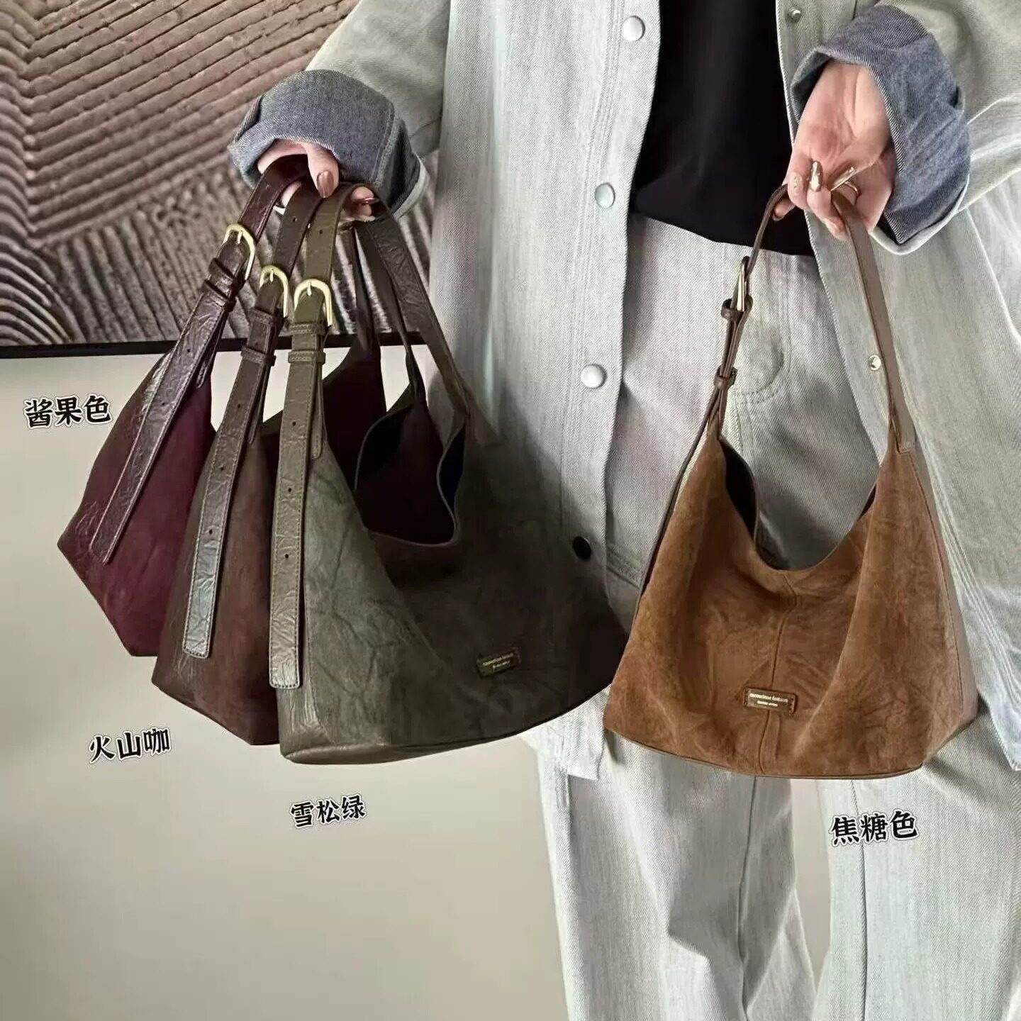 高级感复古磨砂皮拼接通勤包女2026新款秋冬季时尚手提单肩斜挎包