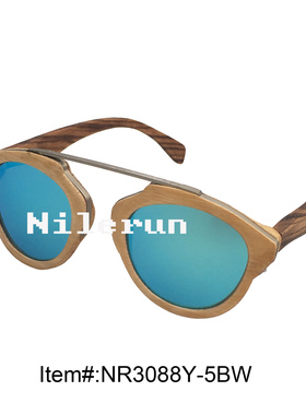 欧美流行金属鼻梁本色竹框斑马木腿墨镜 圆形蓝色偏光竹木太阳镜