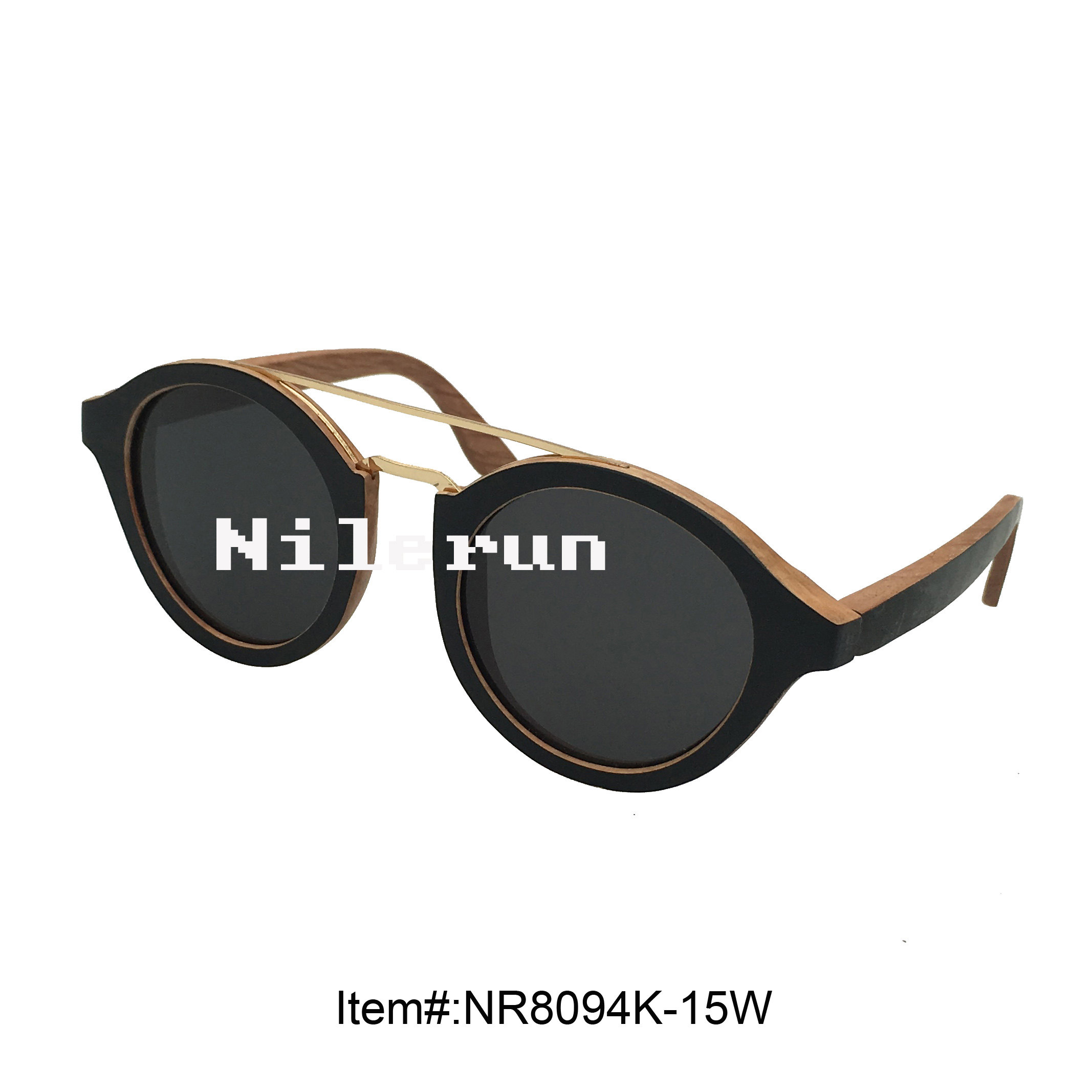 复古时尚金属双鼻梁黑色木色混搭榉木圆形框架太阳镜偏光墨镜