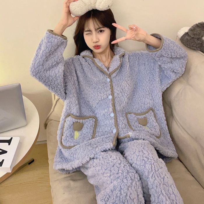 睡衣女冬季珊瑚绒加绒加厚长毛绒保暖套装冬天法兰绒翻领家居服