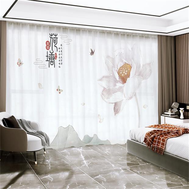 中国风客厅卧室书房遮光酒店窗纱新中式古风荷花荷叶写意国画窗帘