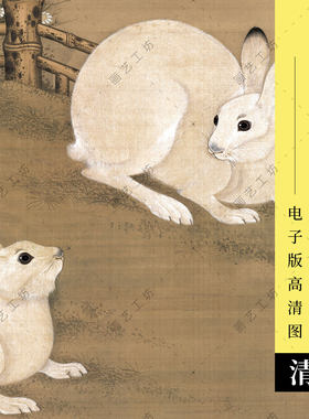 梧桐双兔图电子版清代古画冷枚工笔走兽白兔子国画临摹高清大图