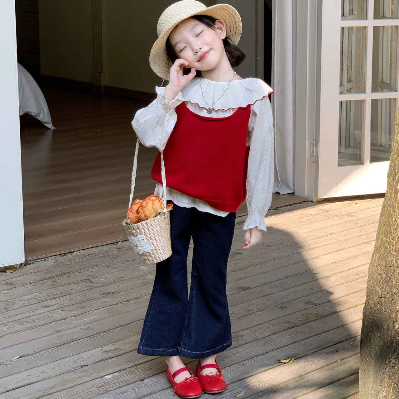 女童休闲套装2025秋季韩版针织吊带背心娃娃领长袖打底衫牛仔裤潮