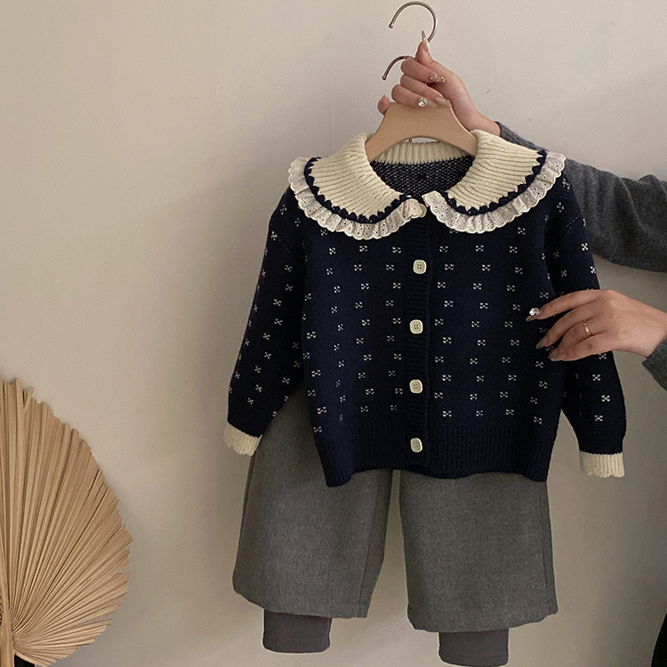 女童休闲套装2025冬季韩版娃娃领针织开衫毛衣外套中大童加绒靴裤