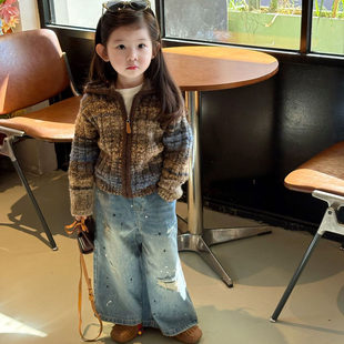 女童休闲套装2025秋季韩版针织开衫毛衣外套百搭破洞牛仔裤直筒裤