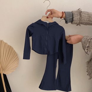 女童休闲运动套装2026春季韩版修身长袖连帽外套中大童瑜伽喇叭裤