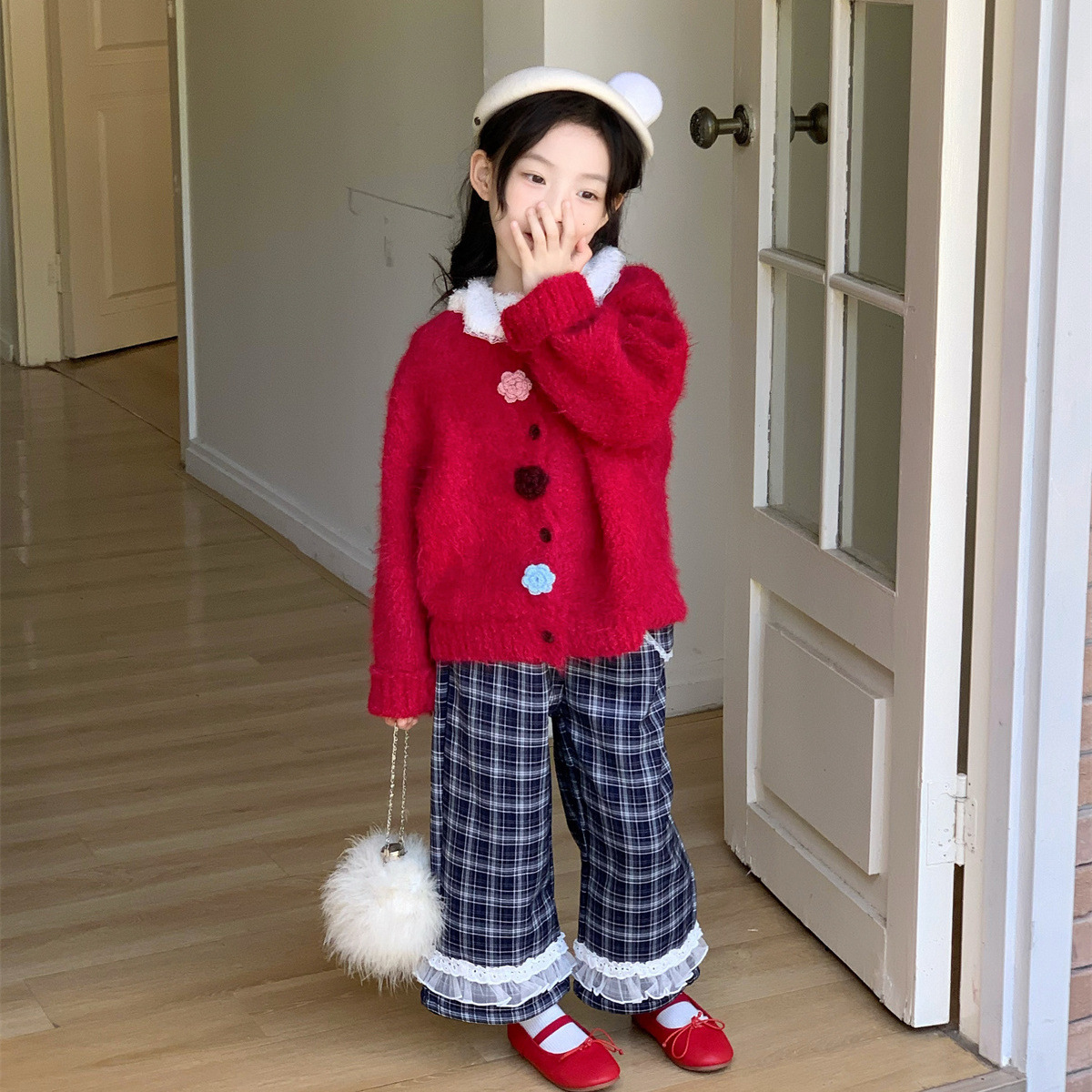女童休闲套装2025冬季韩版红色针织开衫翻领打底衫中大童加绒长裤