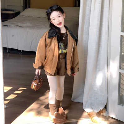 女童休闲套装2025冬季韩版复古麂皮绒加棉夹克外套中大童毛线短裤