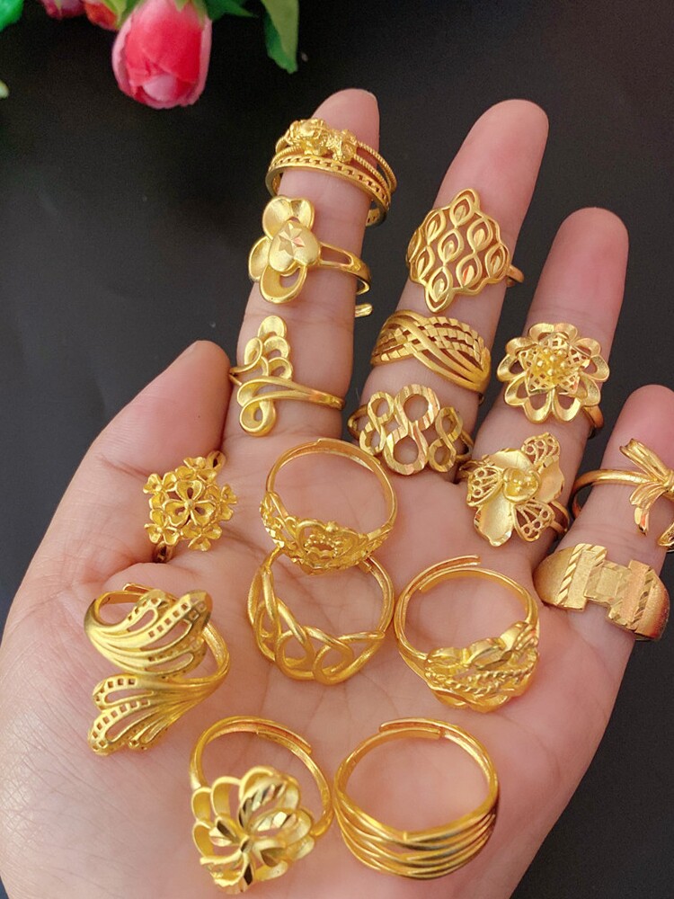 沙金版通体一色仿黄金装饰品金色戒指活口中夸张时尚女指环花指环