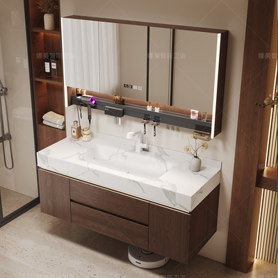 岩板热弯中古风一体盆浴室柜