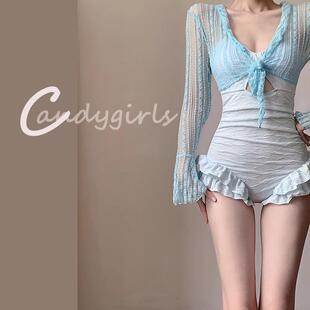 Candygirls薄荷蓝防晒长袖女孩乐园显瘦遮肉吊带连体泳衣女温泉