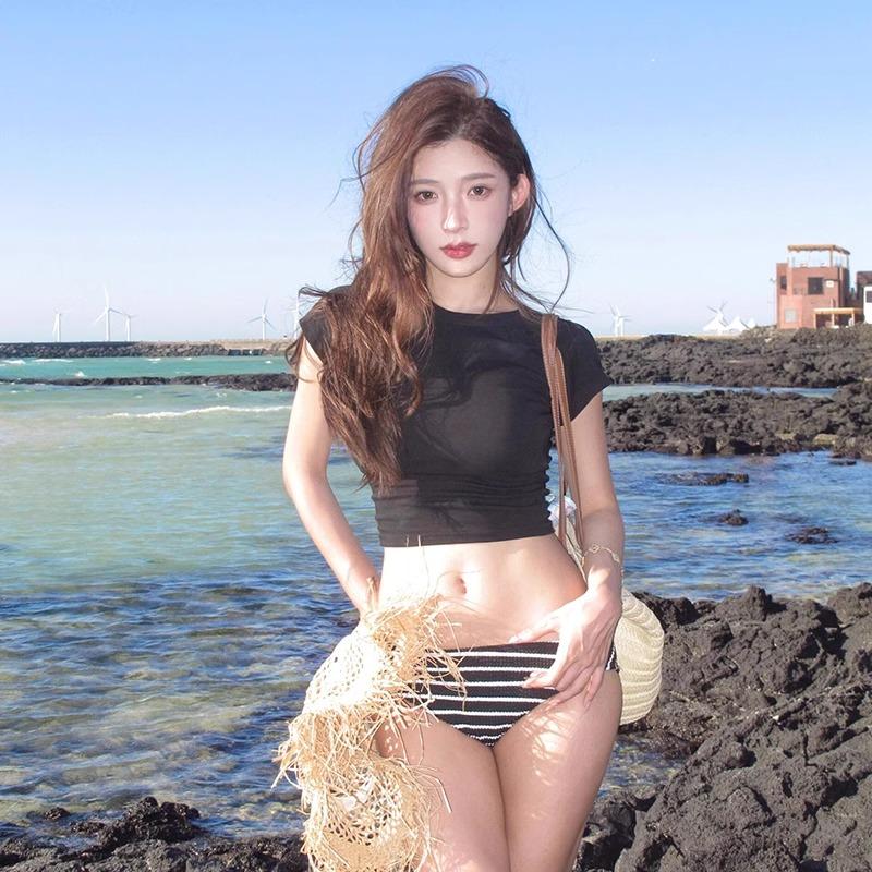 网红黑色条纹辣妹风小胸分体比基尼性感三件套海边度假温泉泳衣女