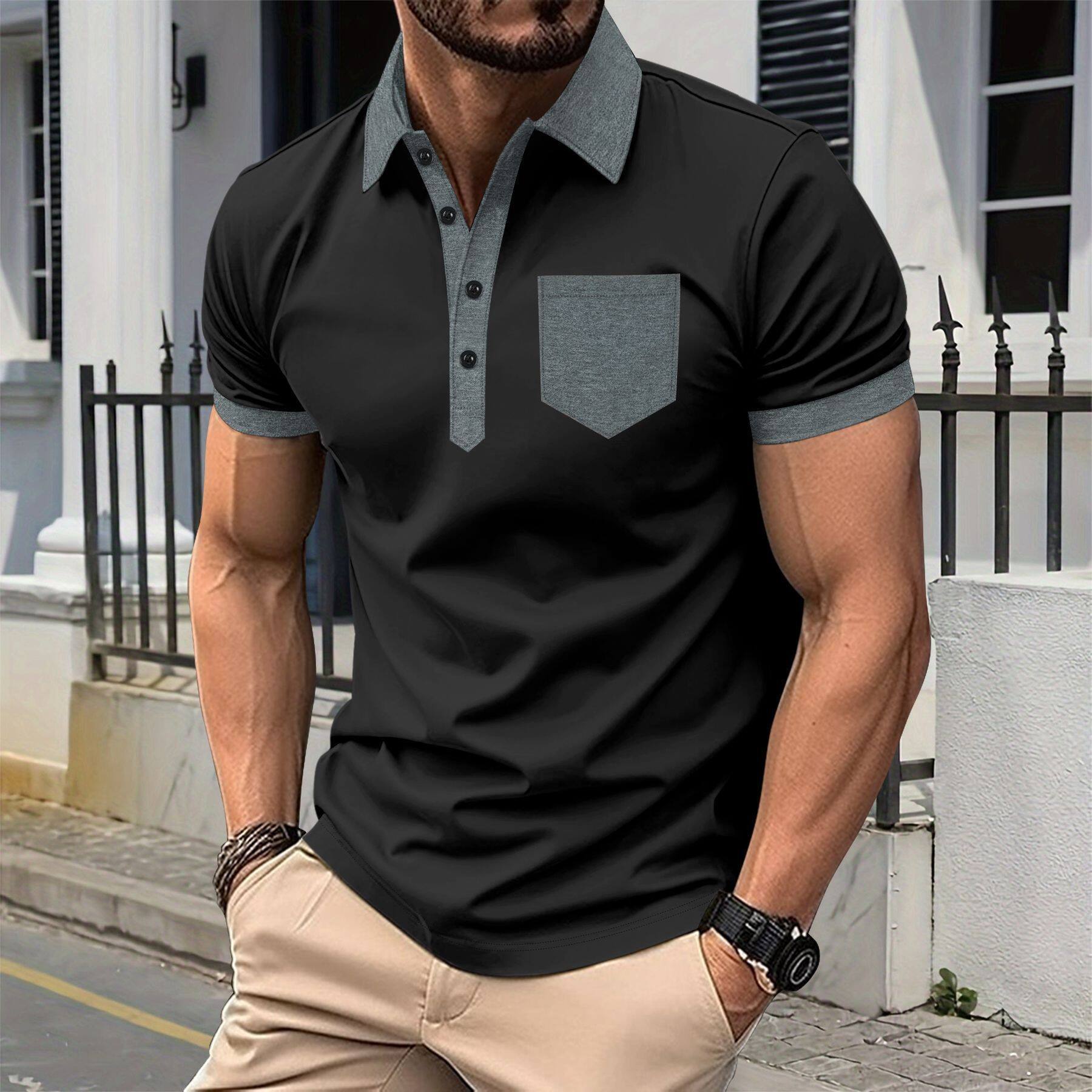 ins2025亚马逊拼色翻领口袋衫运动T恤短袖休闲宽松型男生Polo衫