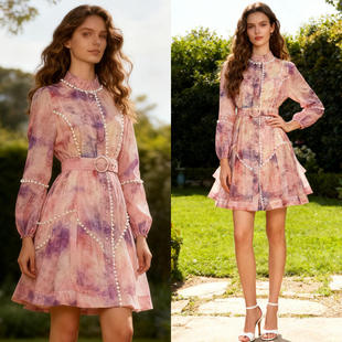 欧美复古优雅时尚重工蕾丝镶边单排扣印花伞裙连衣裙短裙+腰带