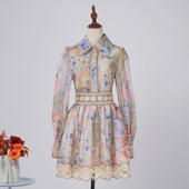 新款 娃娃领钻扣上衣甜美拼接短裙两件套 外贸澳洲花边套装