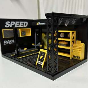 合金1比24车模场景修理厂升降带灯玩具建筑模型展示亚克力摆件