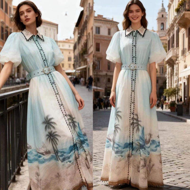 2026椰树印花甜美泡泡袖重工珠子流苏边拼接大摆连衣裙长裙